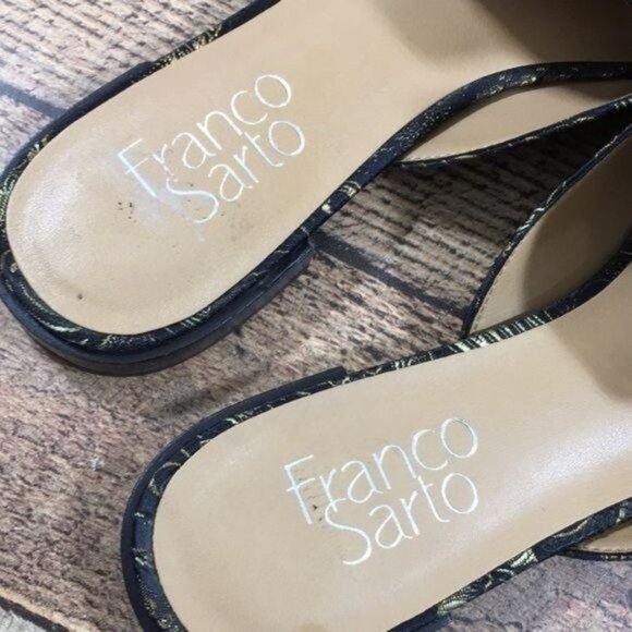 Franco Sarto Black Gold Baroque Russo Mules Womens 6M‎ Pointed Toe Flats Slides - Picture 9 of 12